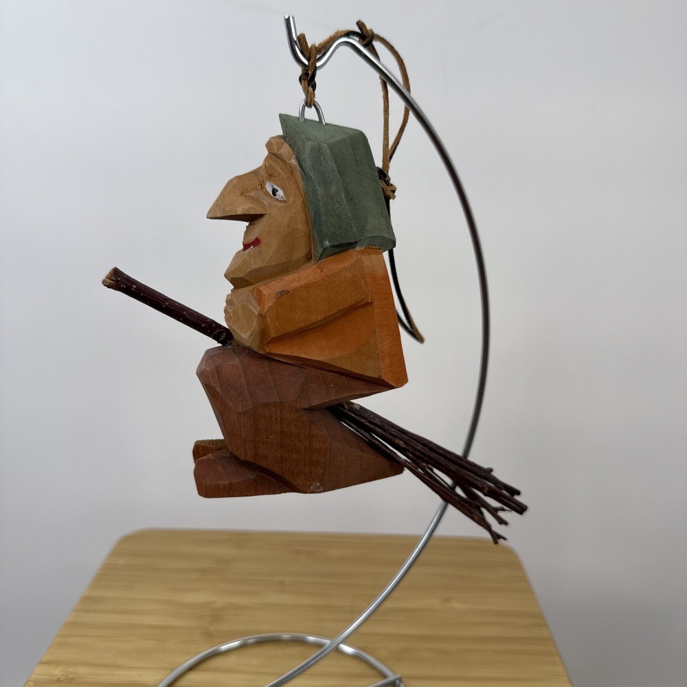 Vintage Wood Hanging Kitchen Witch 4" By 6" Broom Primitive